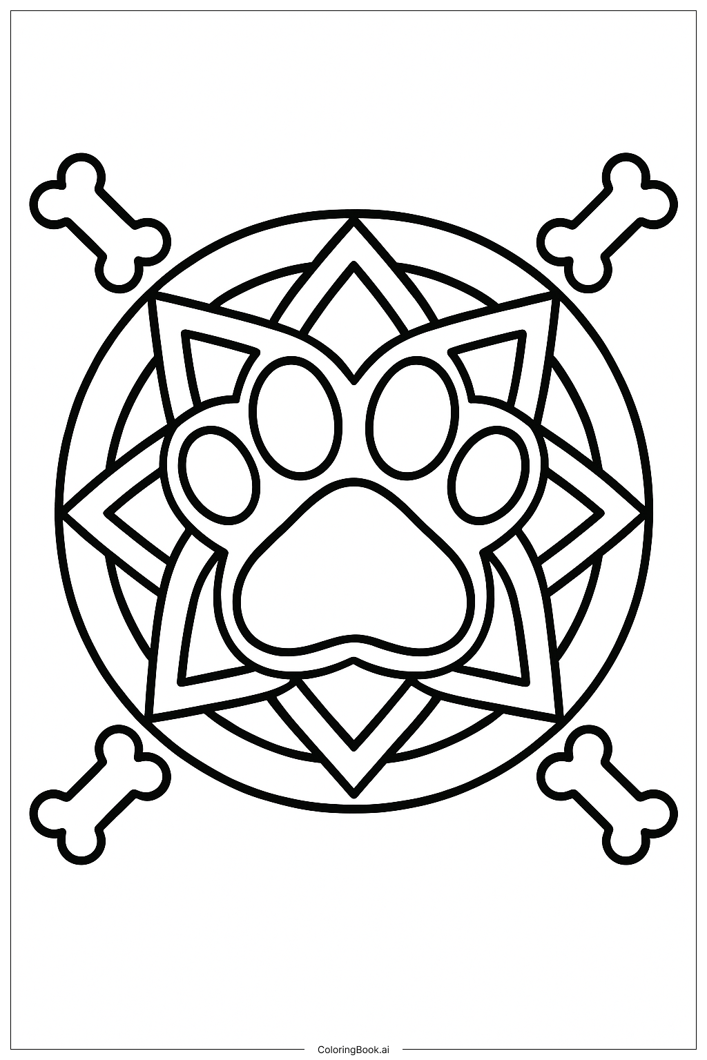  Dog Paw Mandala with Bone Motifs Coloring Page 