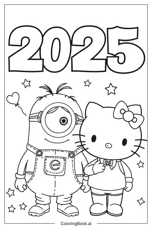  Page de coloriage les minions et hello kitty célèbrent 2025 ensemble 