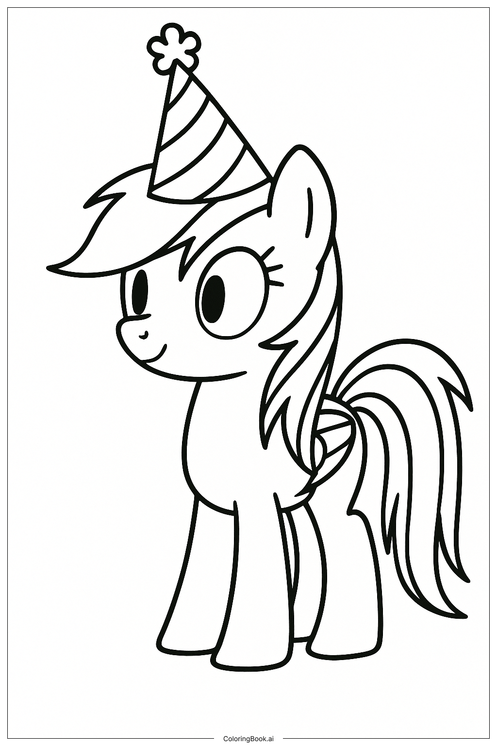  Página para colorear de Rainbow Dash con un sombrero de fiesta 