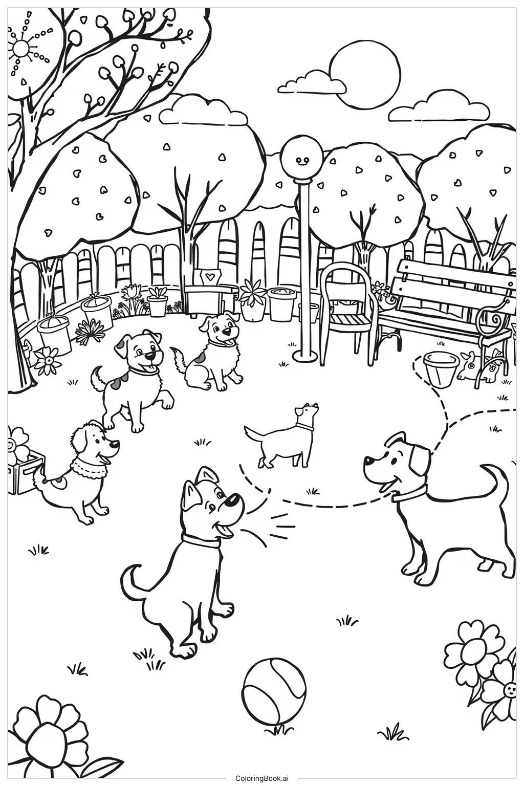  Dog Park Friends Coloring Page 