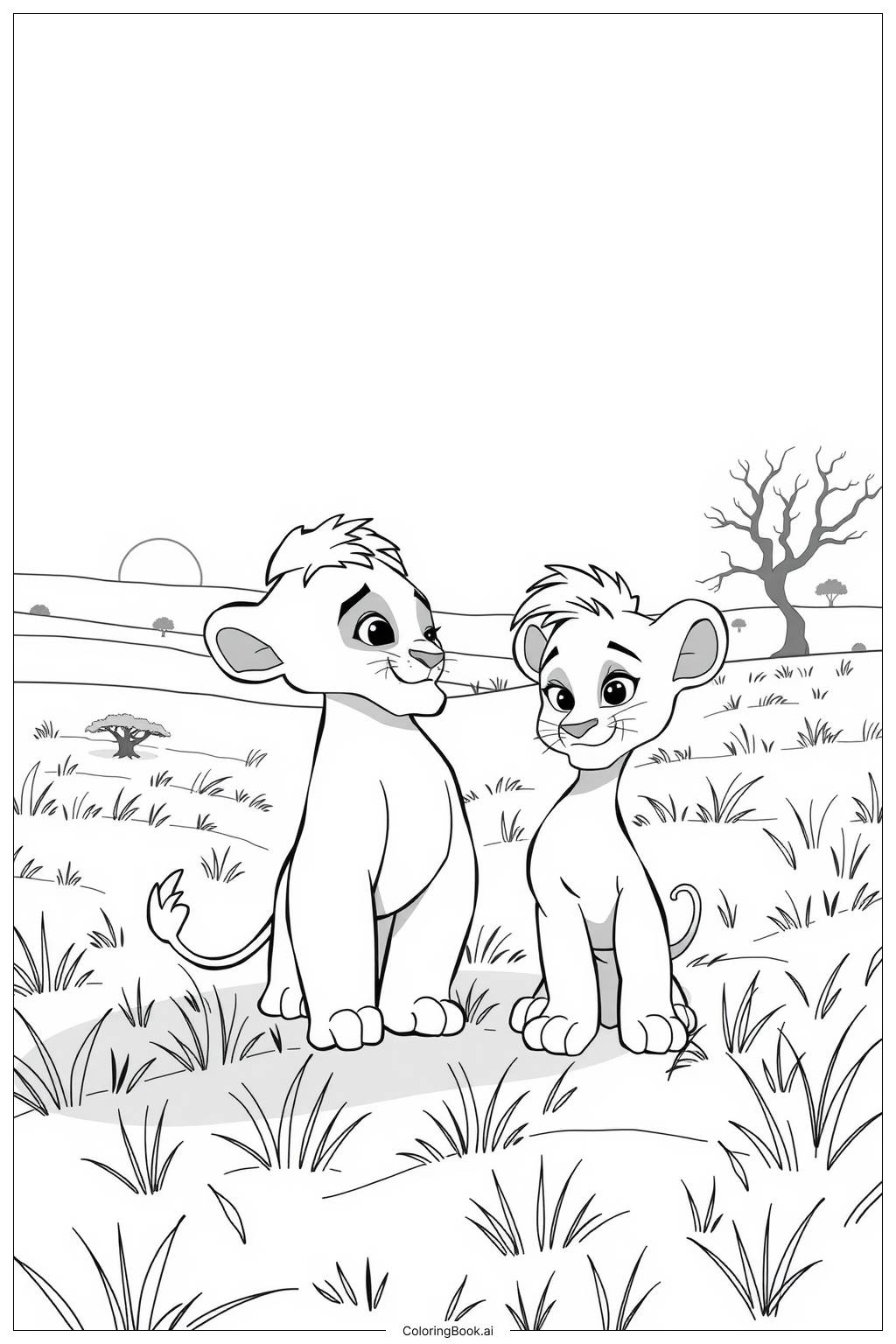  Page de coloriage lion roi simba et nala se retrouvent à l'âge adulte 