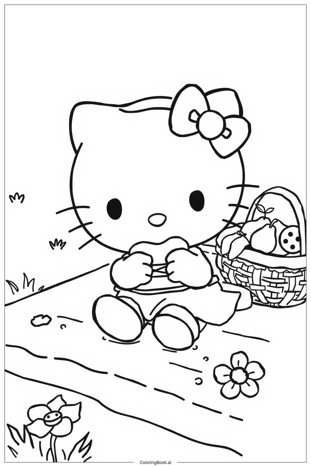  Página para colorear de hello kitty yendo de picnic de verano 