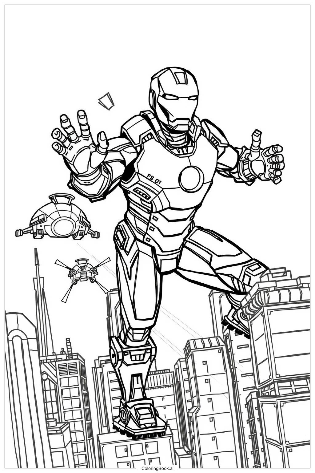  Página para colorear de Iron Man Mark 85 en una ciudad futurista-2 