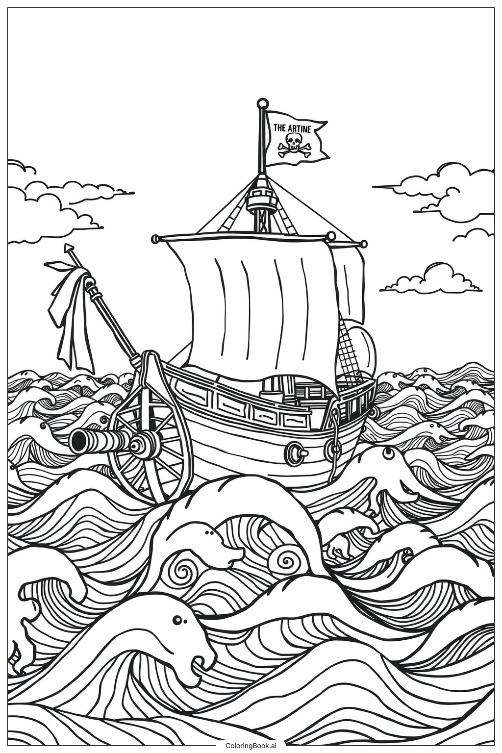 【正規品質保証】 波のある海の海賊船-2 塗り絵ページ（無料のPDF＆PNGプリント） 絵画