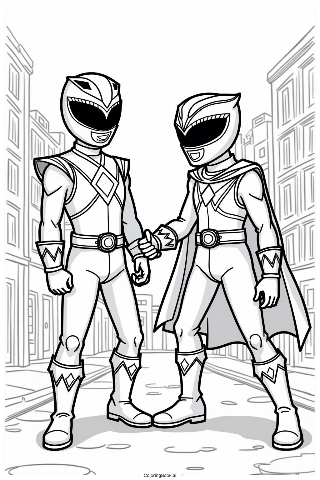  Página para colorir de Power Rangers Enfrentando Vilão Maligno 