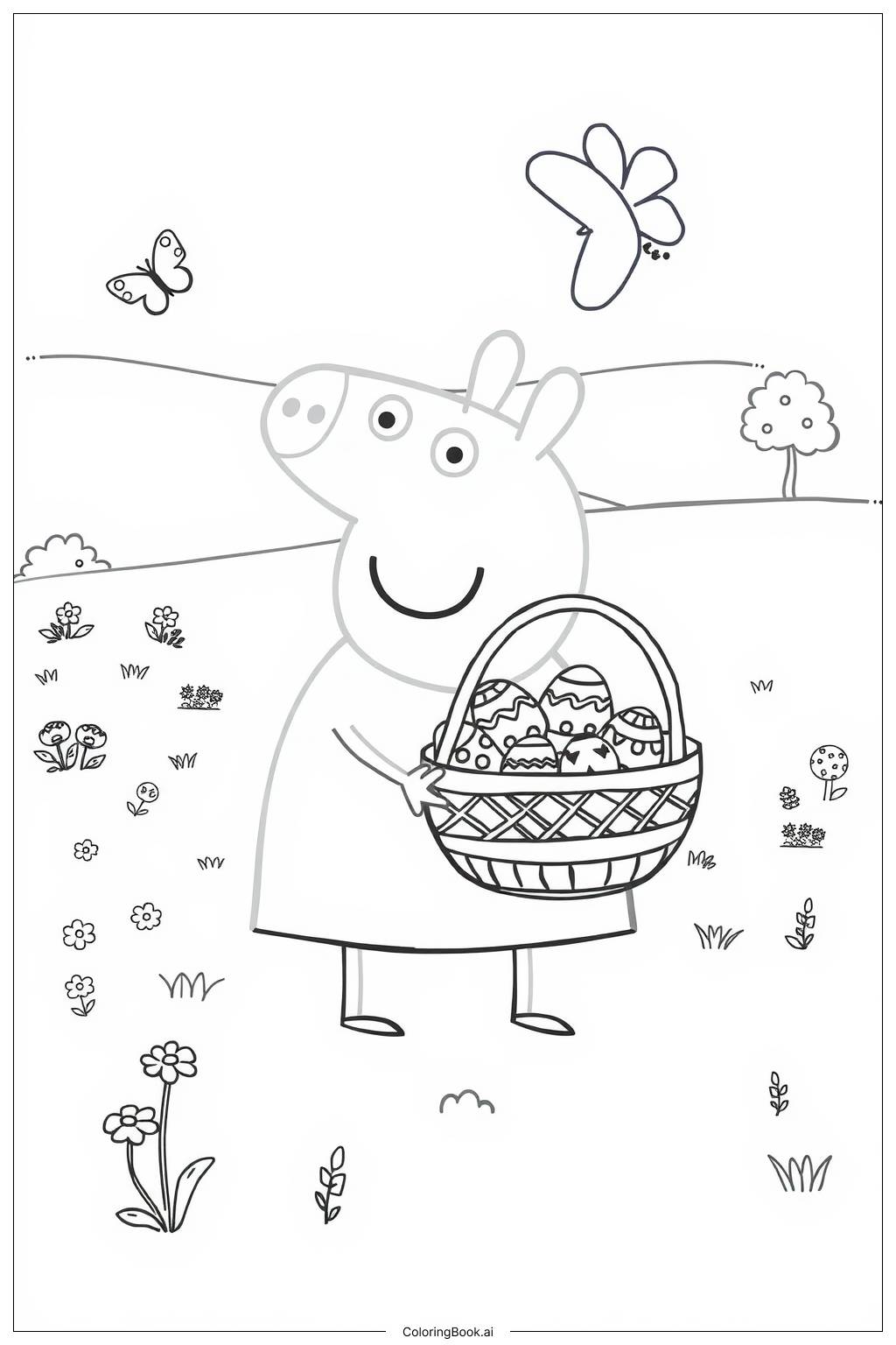  Página para colorear de cesta de Pascua de Peppa Pig llena de huevos-2 