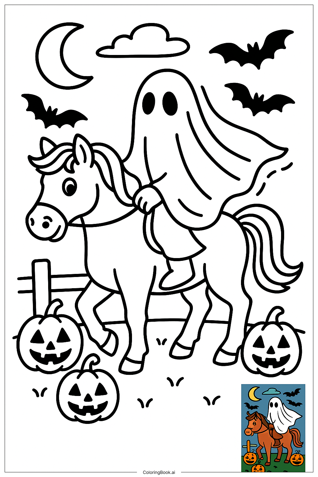  ハロウィンの馬と幽霊の騎手の塗り絵ページ 