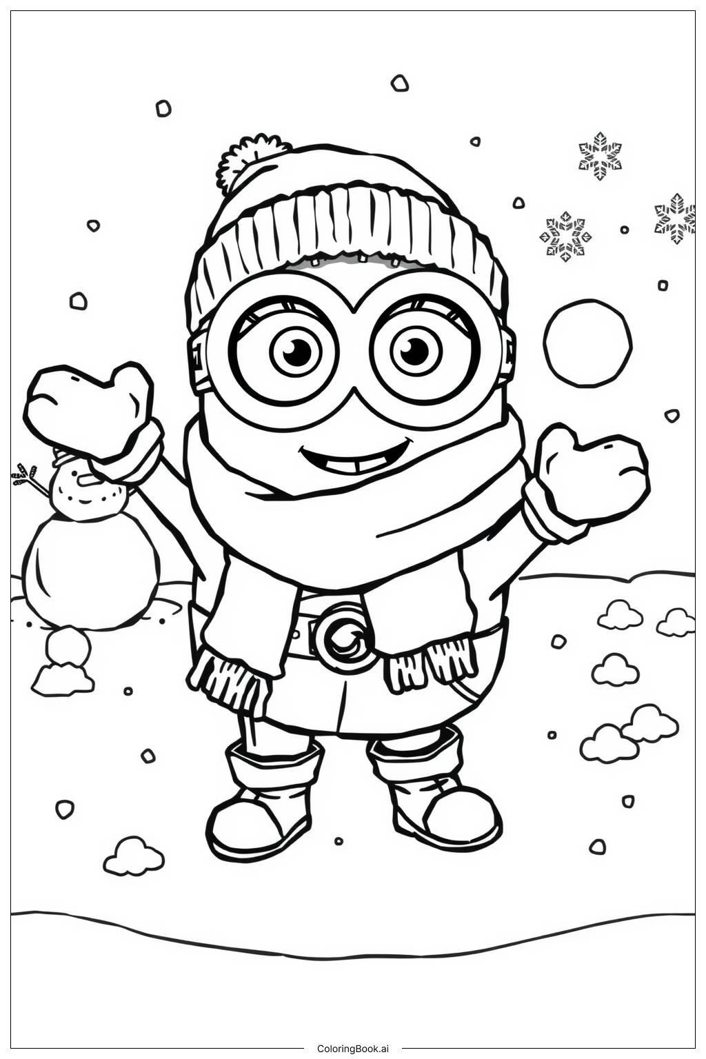  Página para colorear de minion jugando en la nieve durante el invierno 