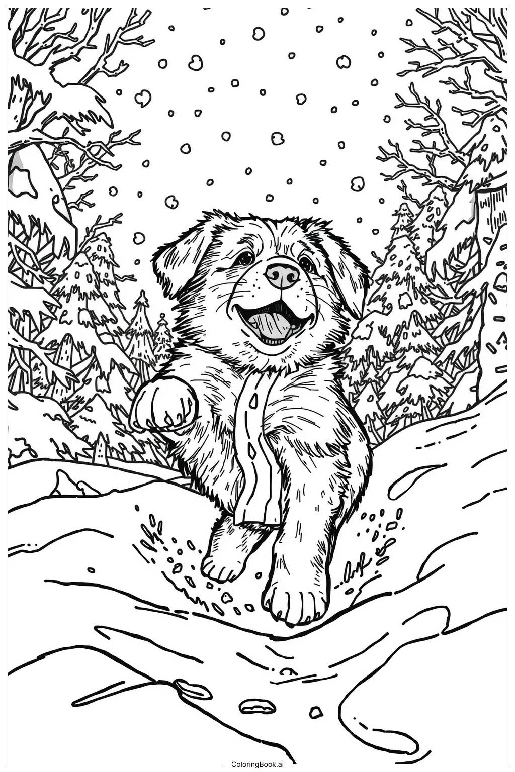  Página para colorear de Cachorro Realista Jugando en la Nieve 