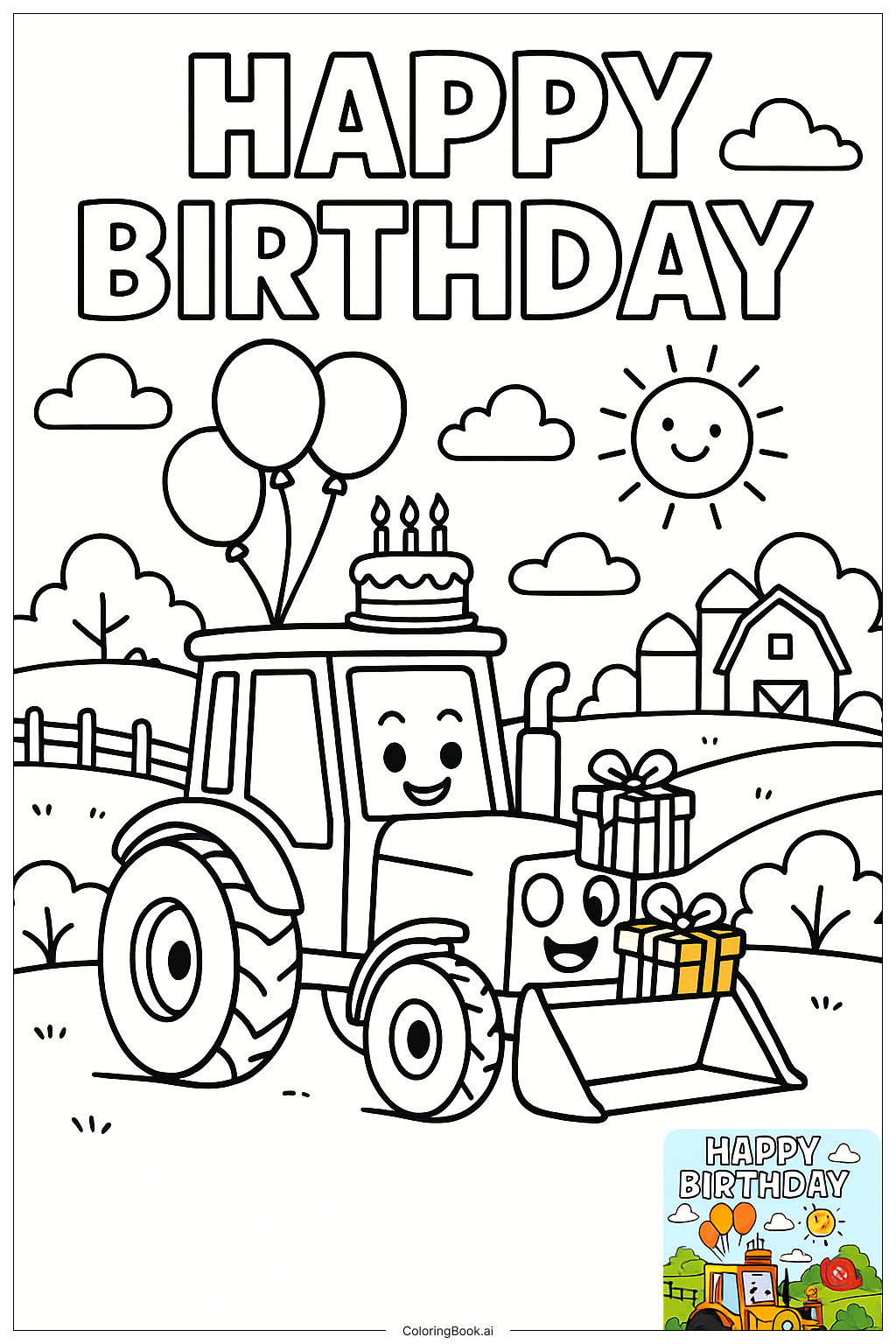 Happy Birthday Tractor Farm Landscape Coloring Page 