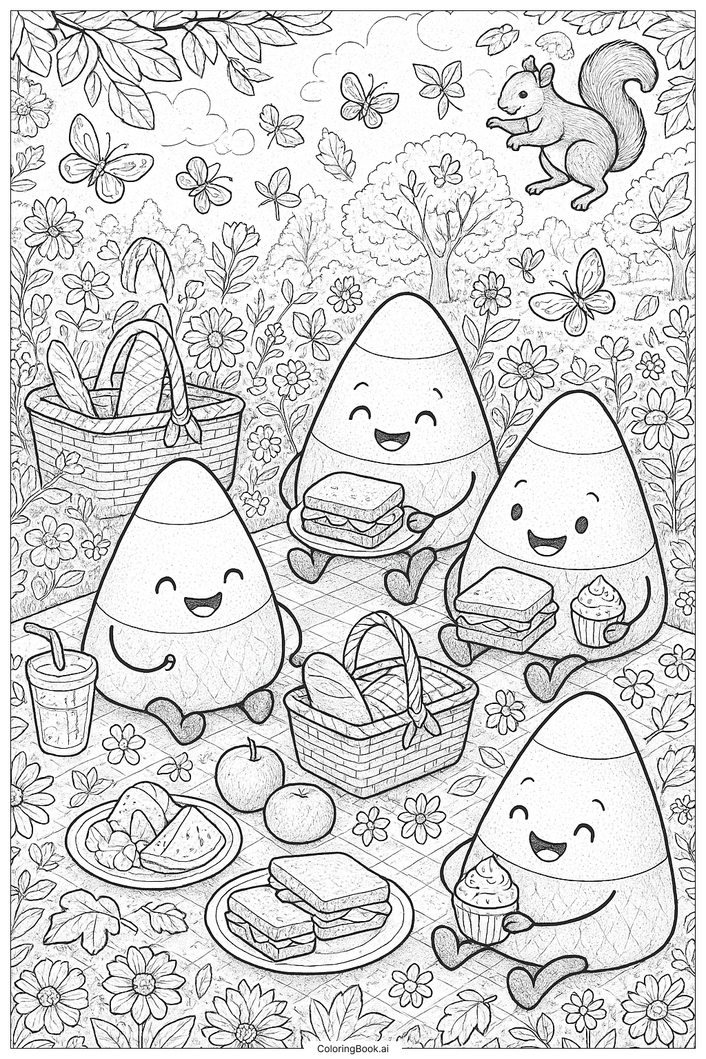  ピクニックを楽しむキャンディコーンキャラクターの塗り絵ページ 