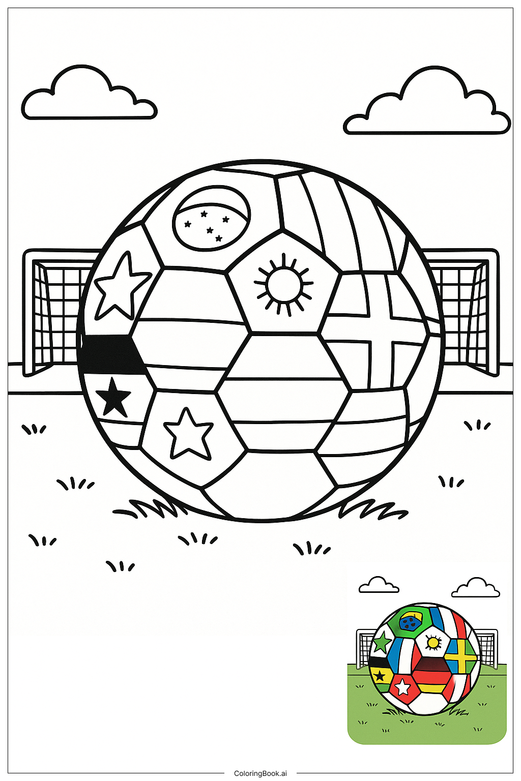  Page de coloriage Ballon de Football Avec Drapeaux de Pays 