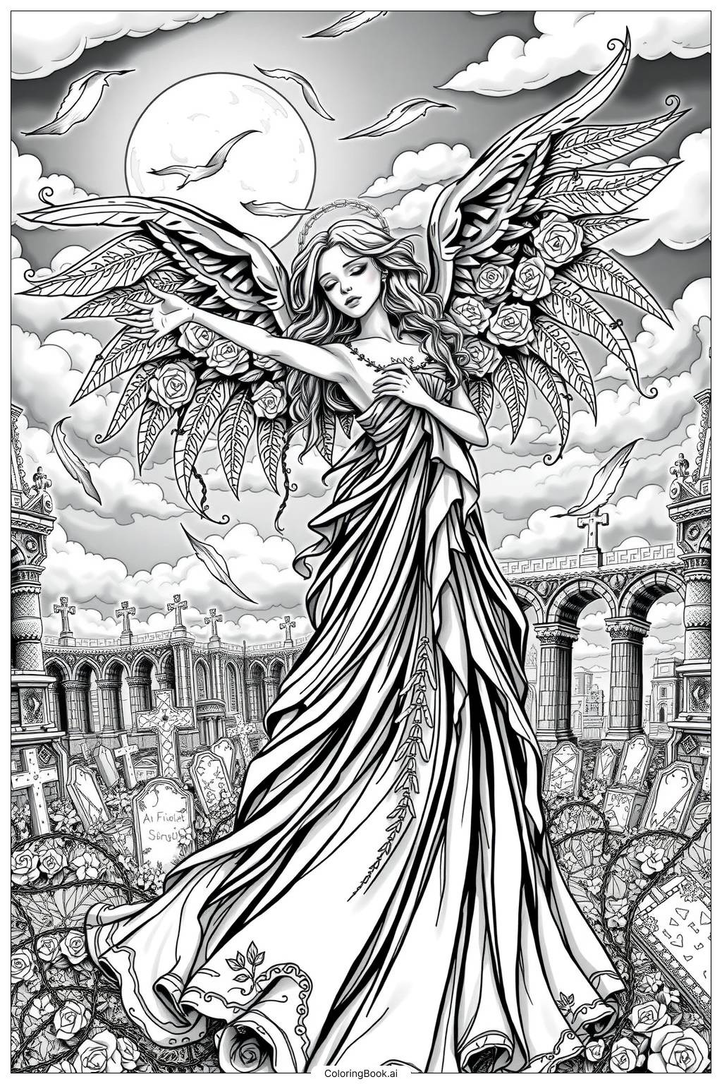  Gothic Fallen Angel Moonlight Coloring Page 