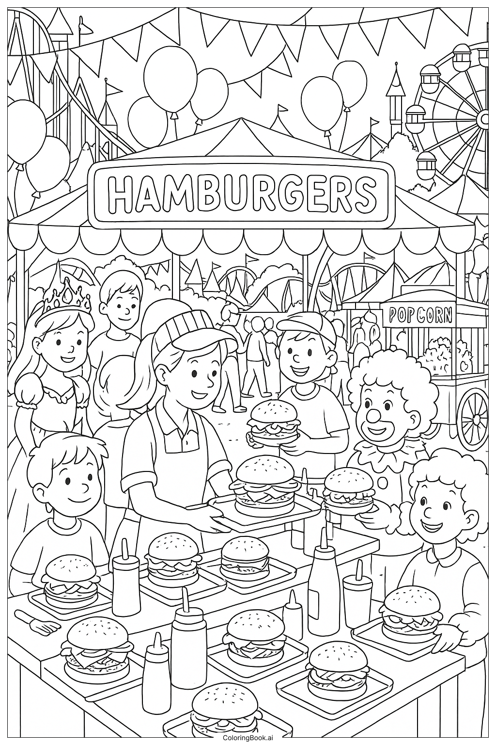  Ein geschäftiger Hamburger-Stand auf einem Jahrmarkt Ausmalseite 