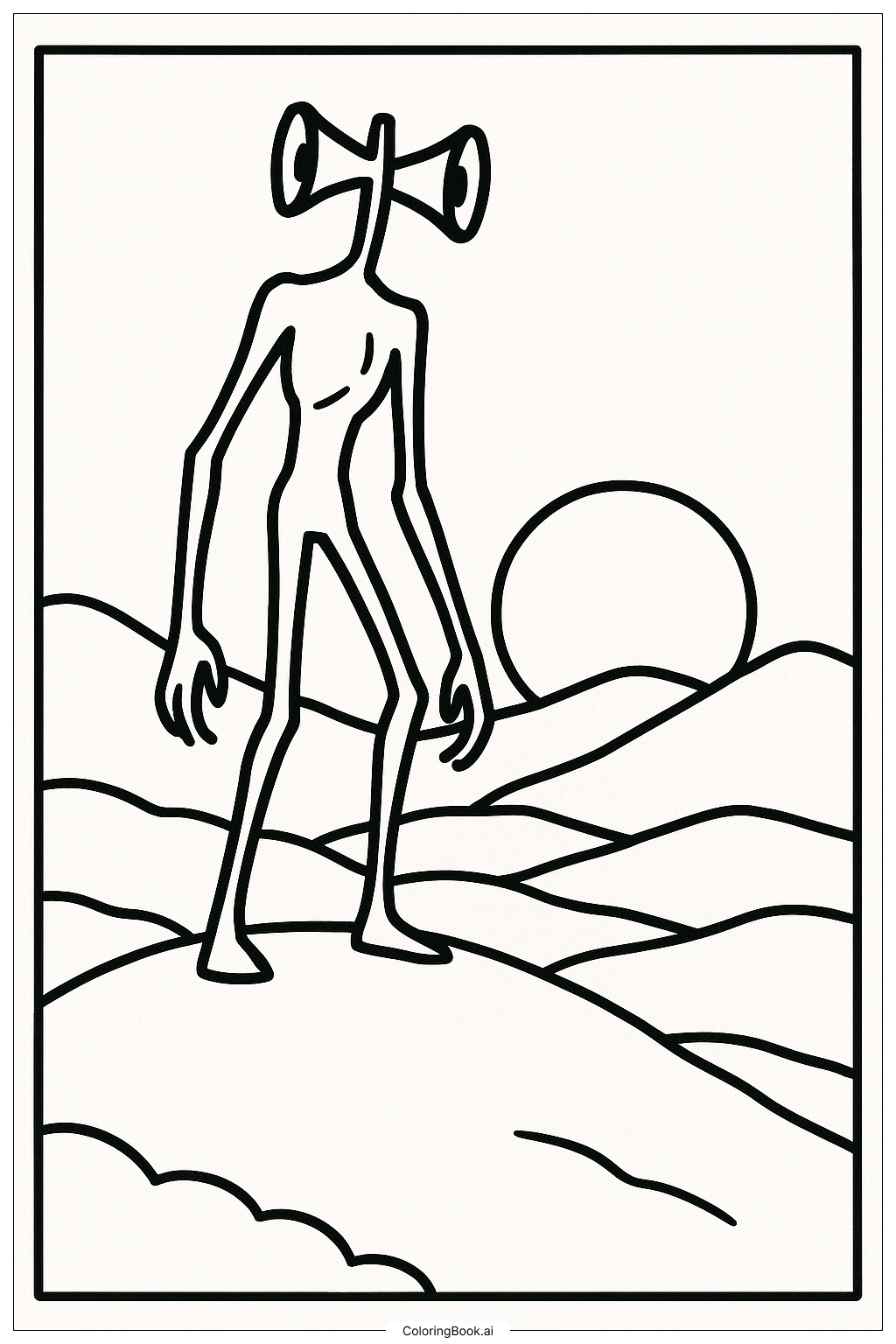 Page de coloriage Silhouette de Siren Head au coucher du soleil 