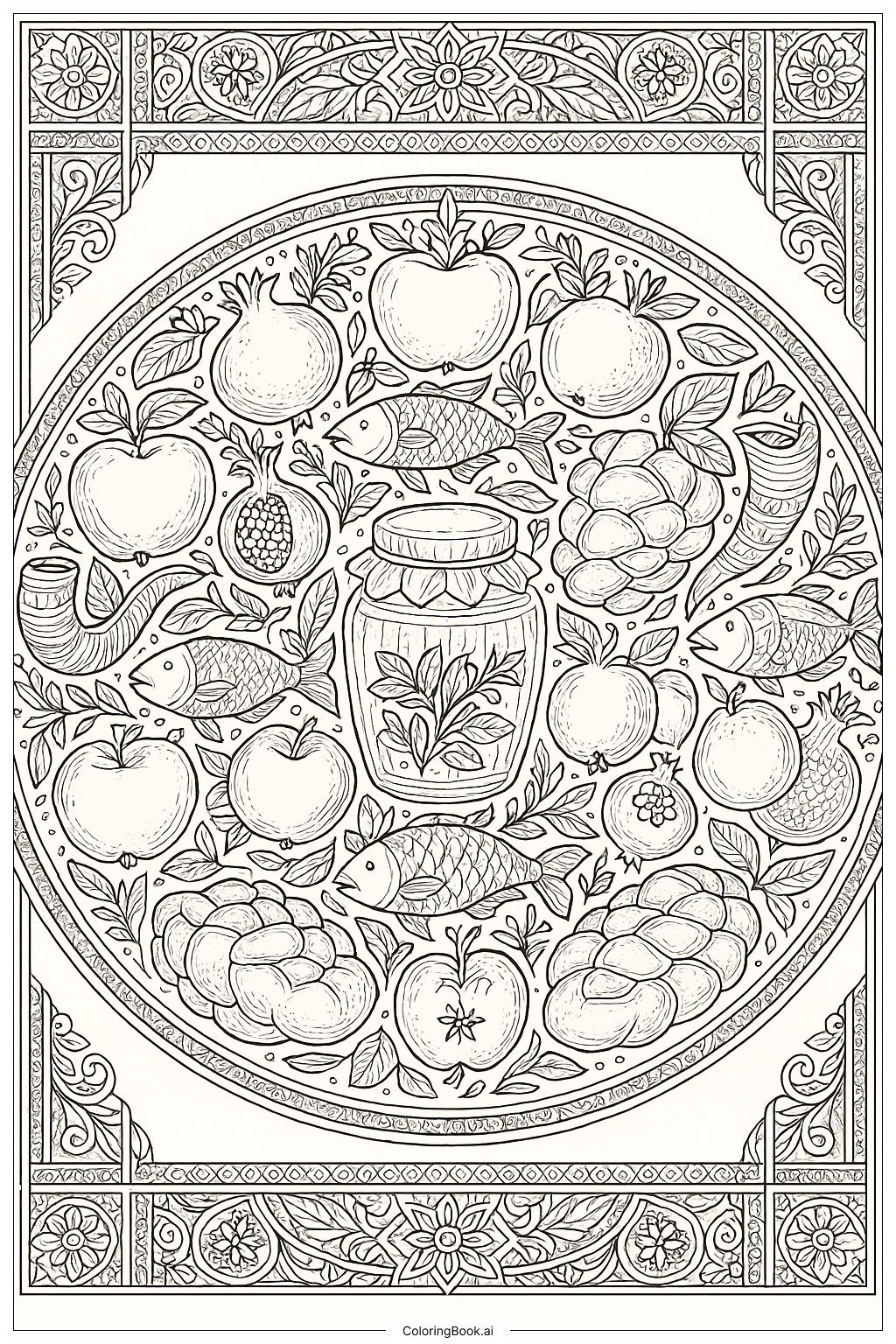  A Rosh Hashanah Mandala With Holiday Symbols著色頁 