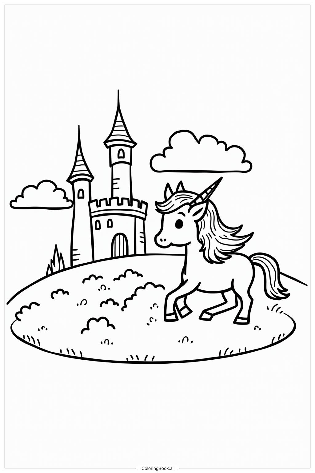  Page de coloriage Château de Licorne Royaume des Nuages 