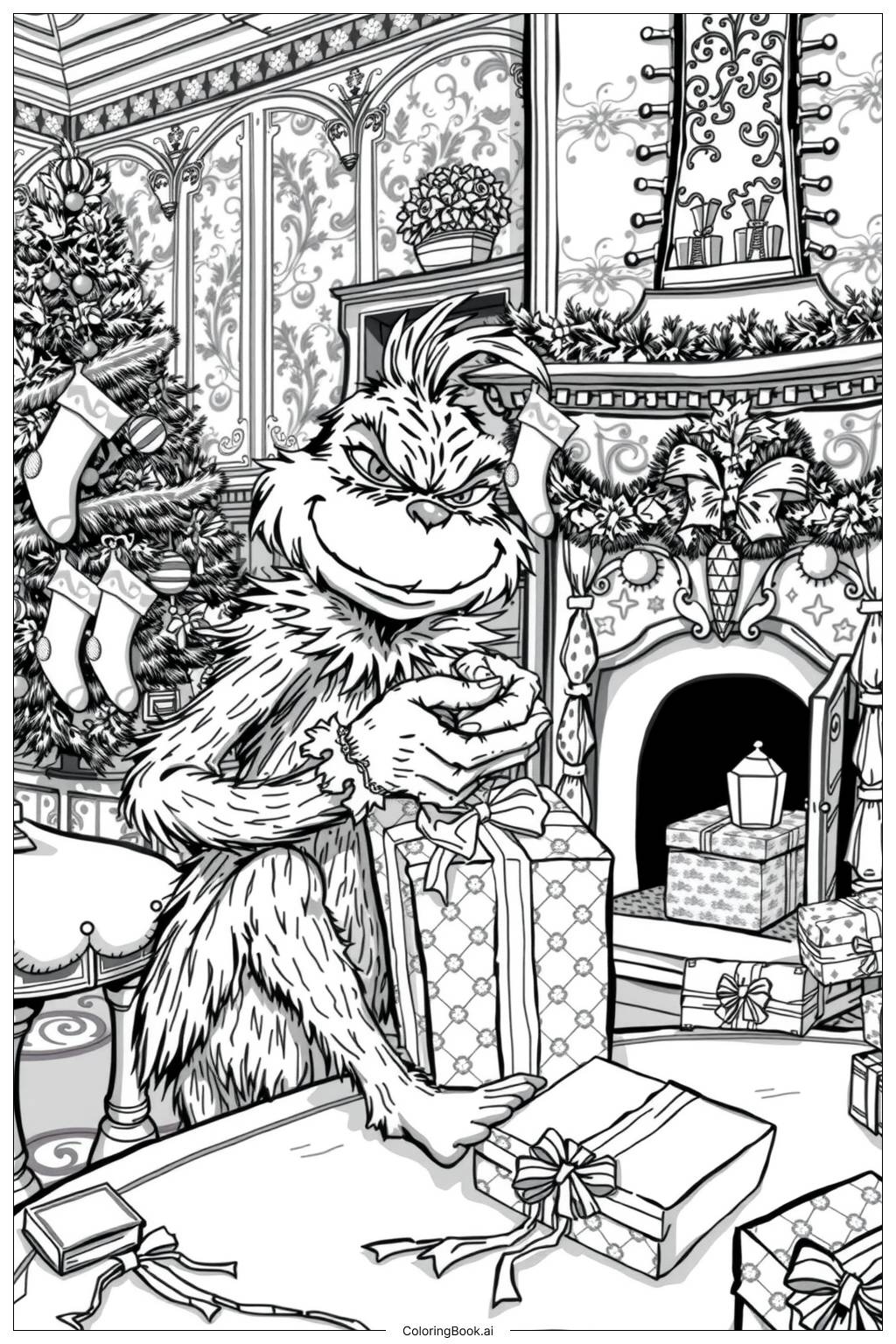  Page de coloriage Grinch emballant des cadeaux avec joie 