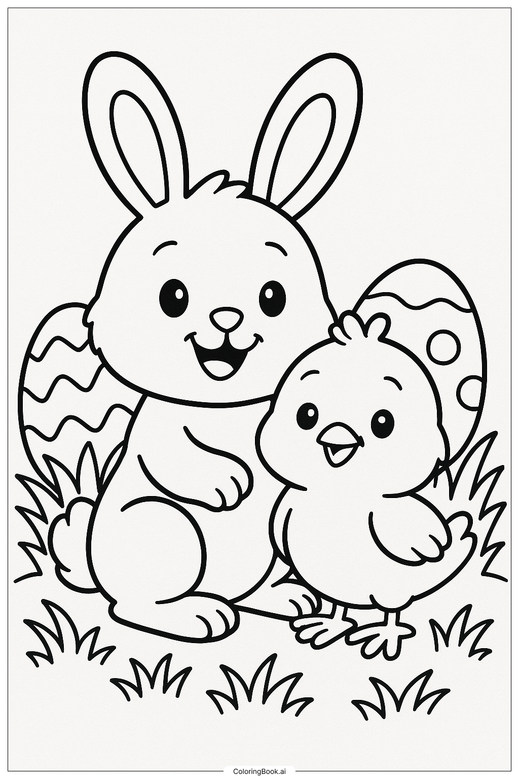 Easter Bunny With A Chick Friend Coloring Page
