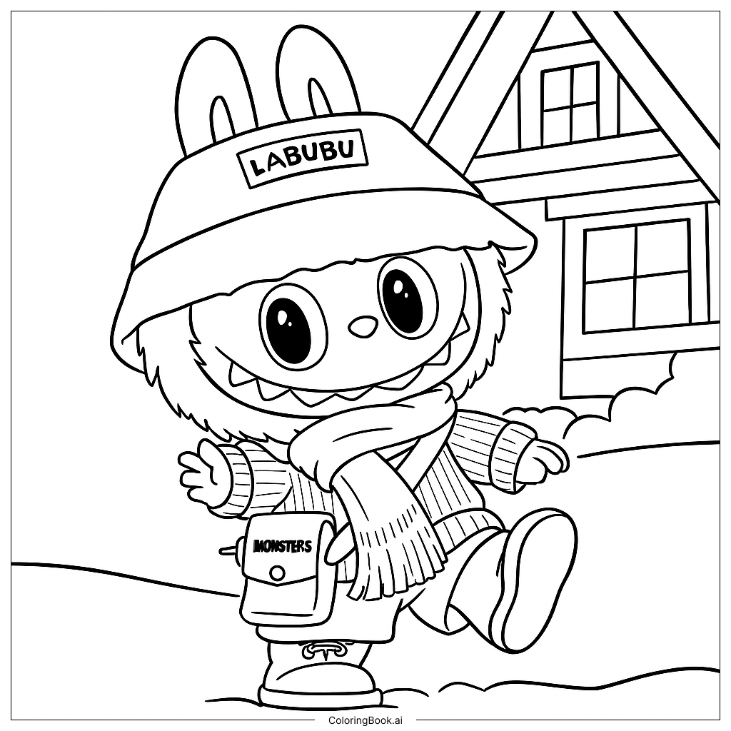  Página para colorir de Labubu com um Cachecol 
