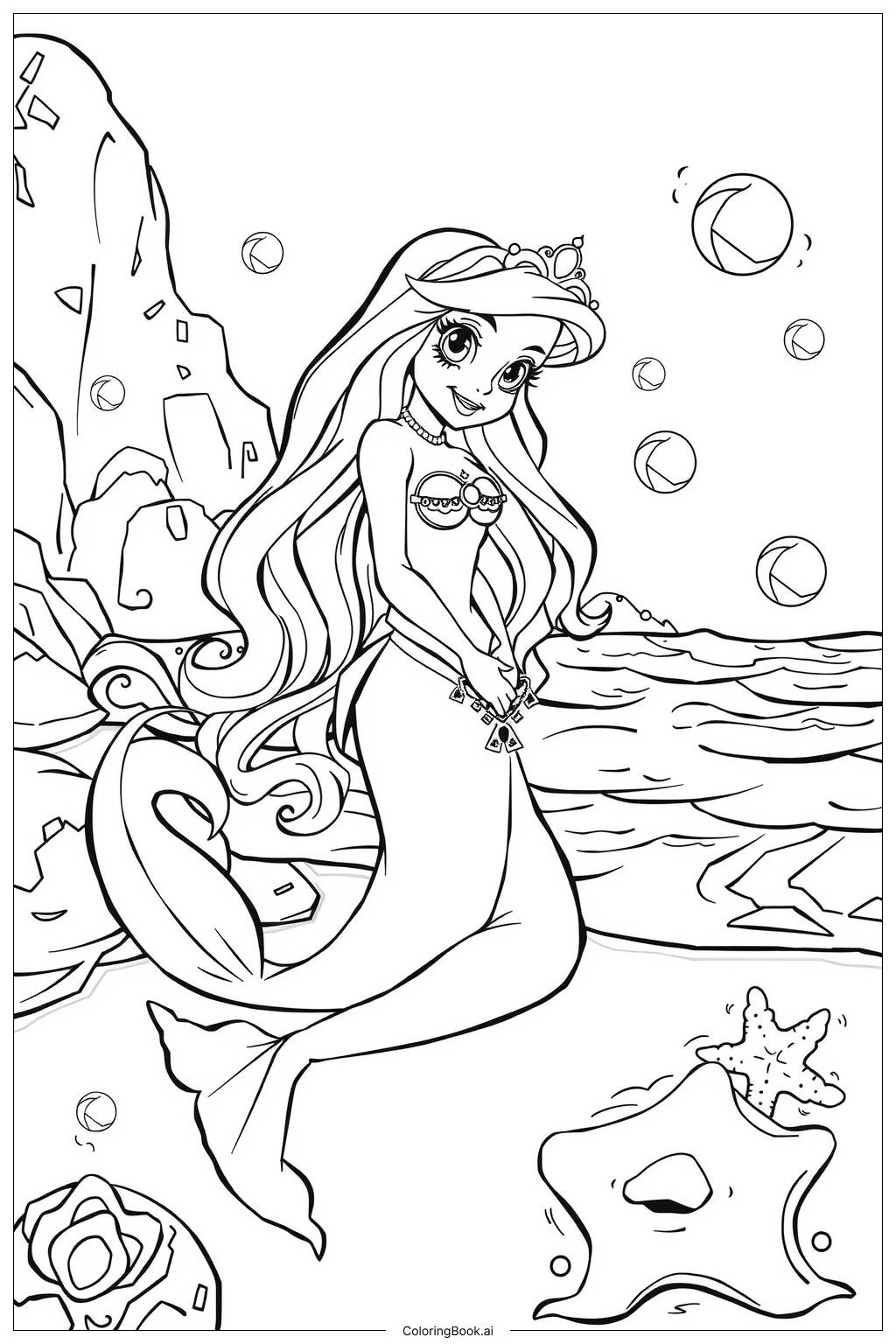  Page de coloriage Ariel se transformant en humaine sur la plage-2 