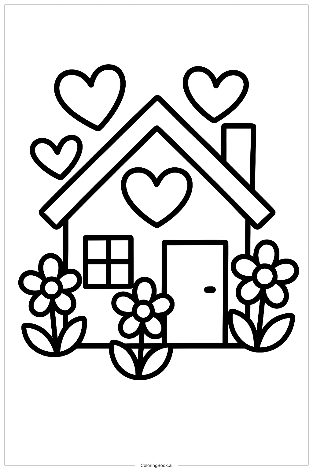  A Simple House With Hearts and Flowers Coloring Page 