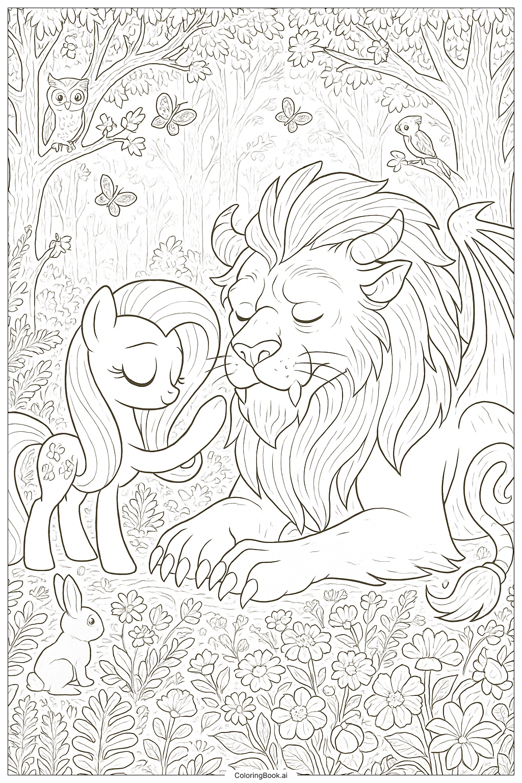  Trang tô màu Fluttershy Dỗ Dành Manticore Trong Rừng 