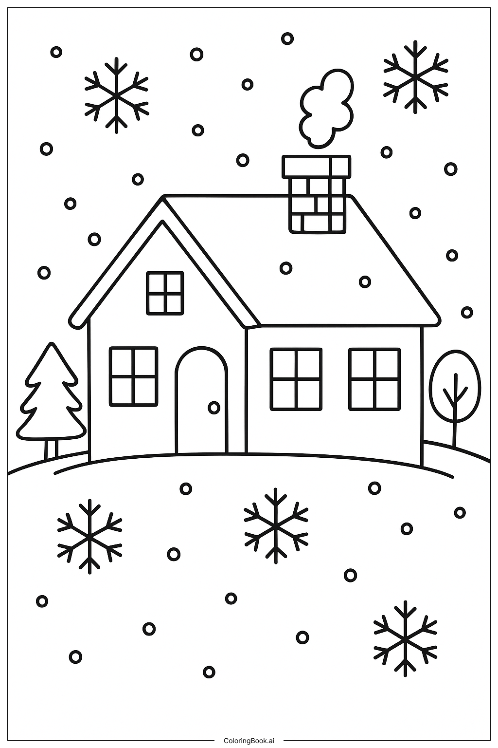  Snowflakes Falling On A Cozy House Coloring Page 