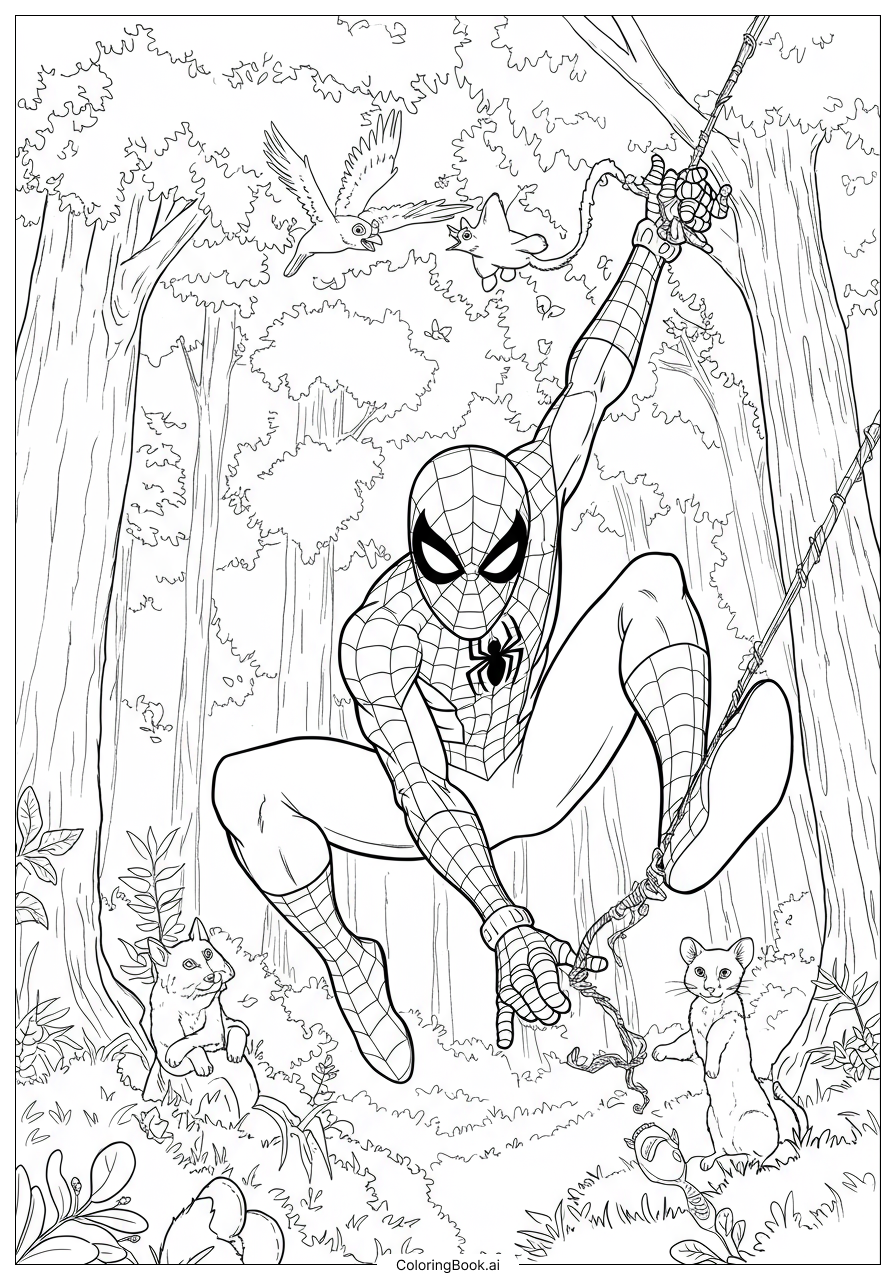  Spiderman swinging in a forest Coloring Page 