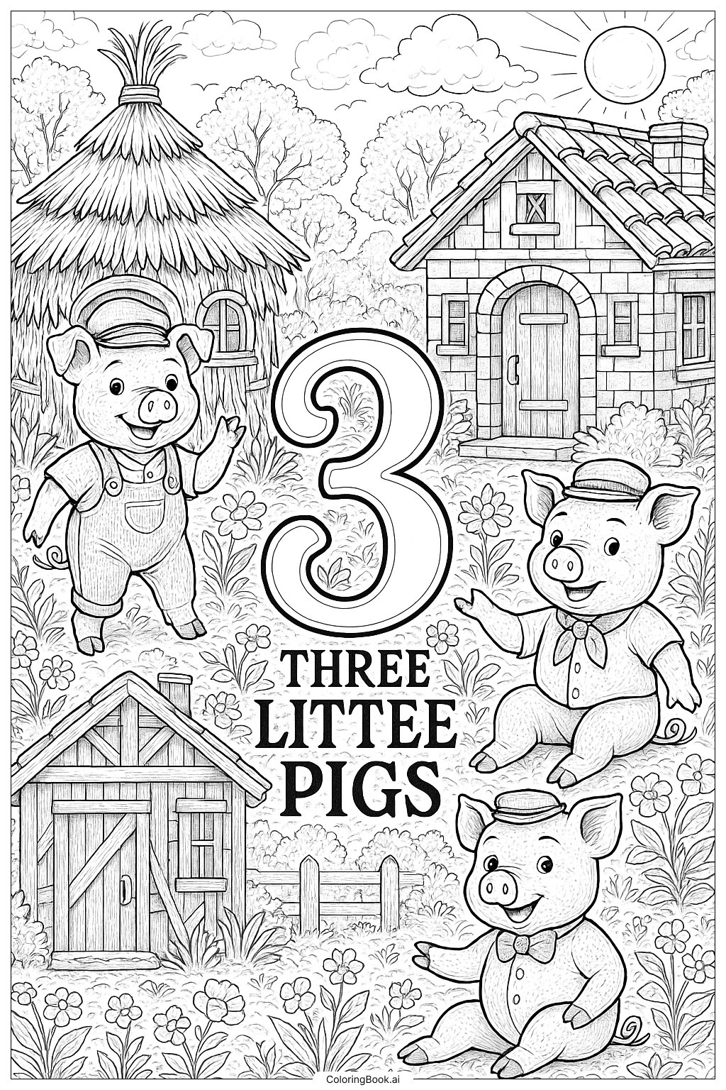  三只小猪与数字三填色页 