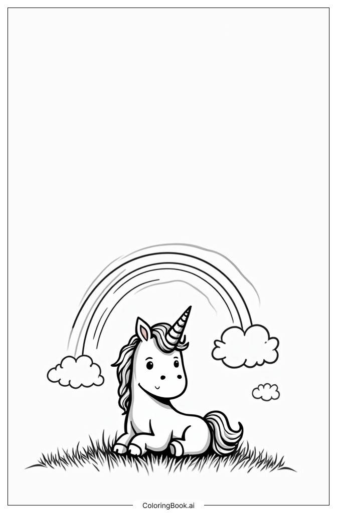  Page de coloriage Licorne se reposant sous un arc-en-ciel sur un pré 