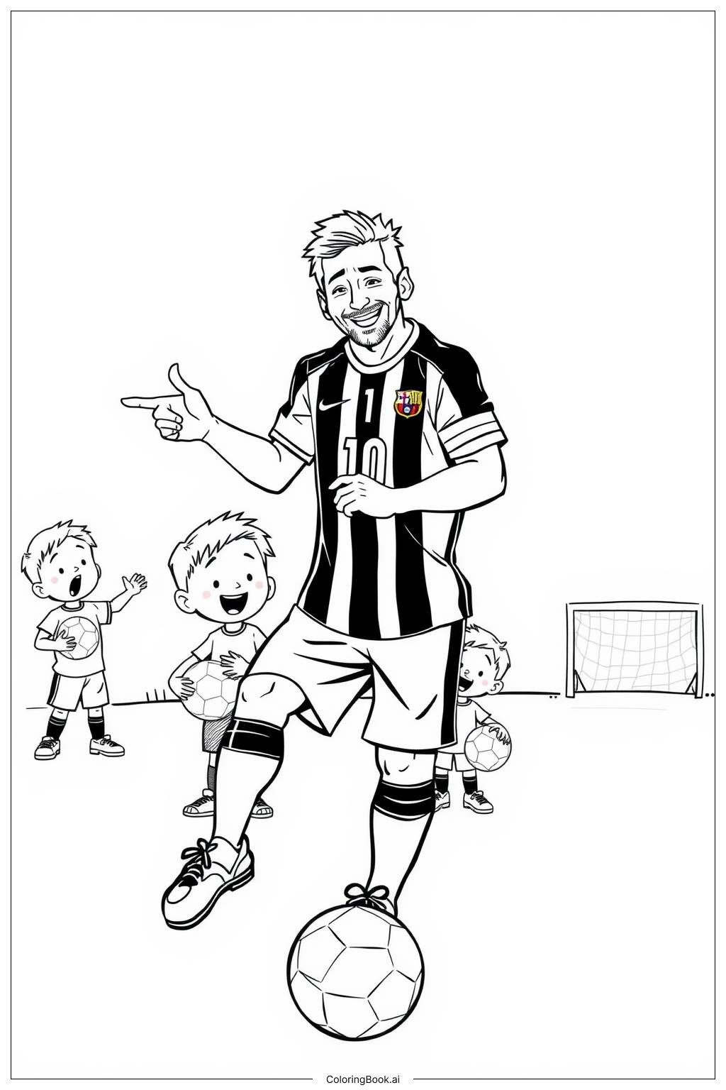  Page de coloriage Messi enseignant aux enfants comment jouer au football 