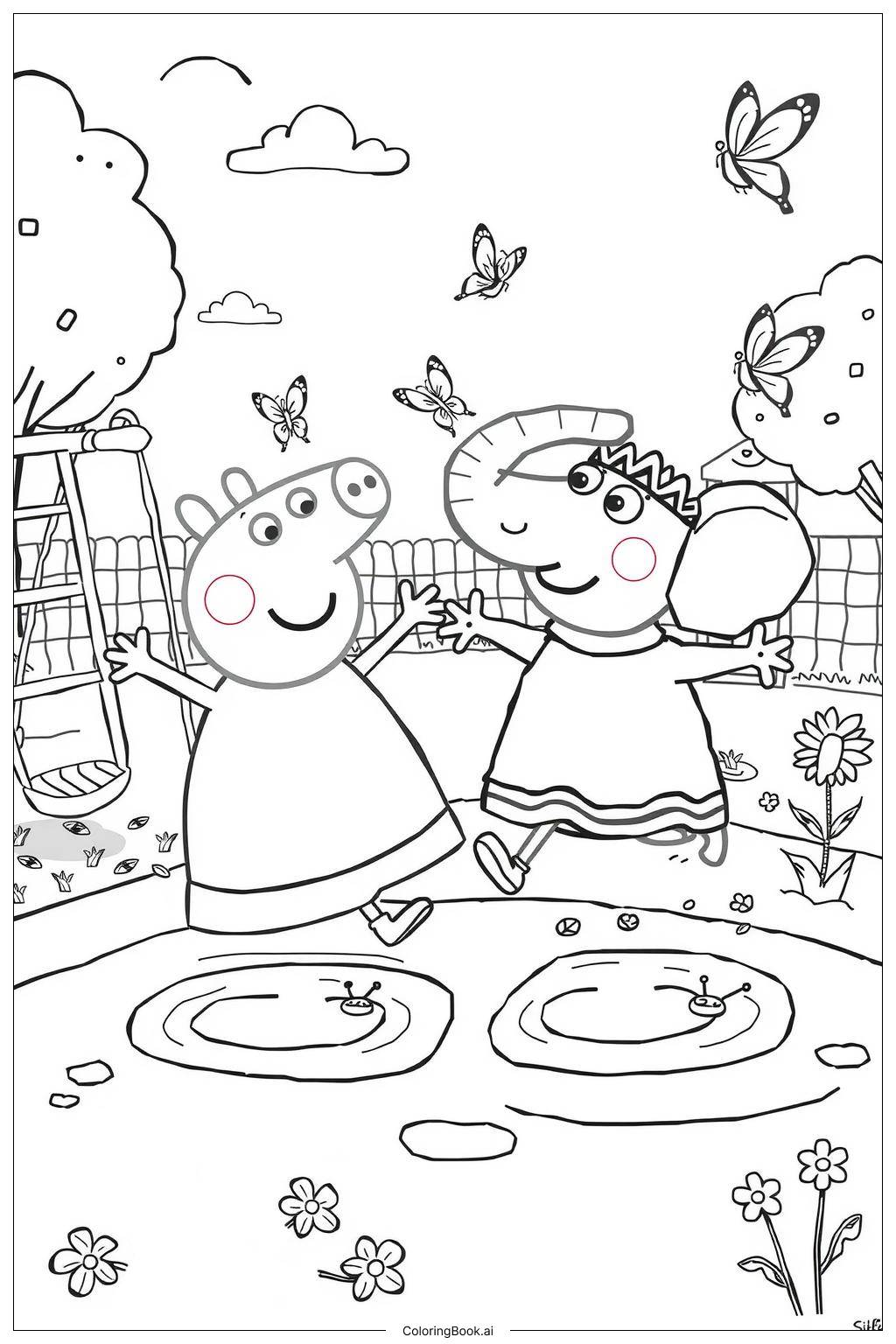  Page de coloriage Peppa Pig et Éléphant Emily Ensemble-2 