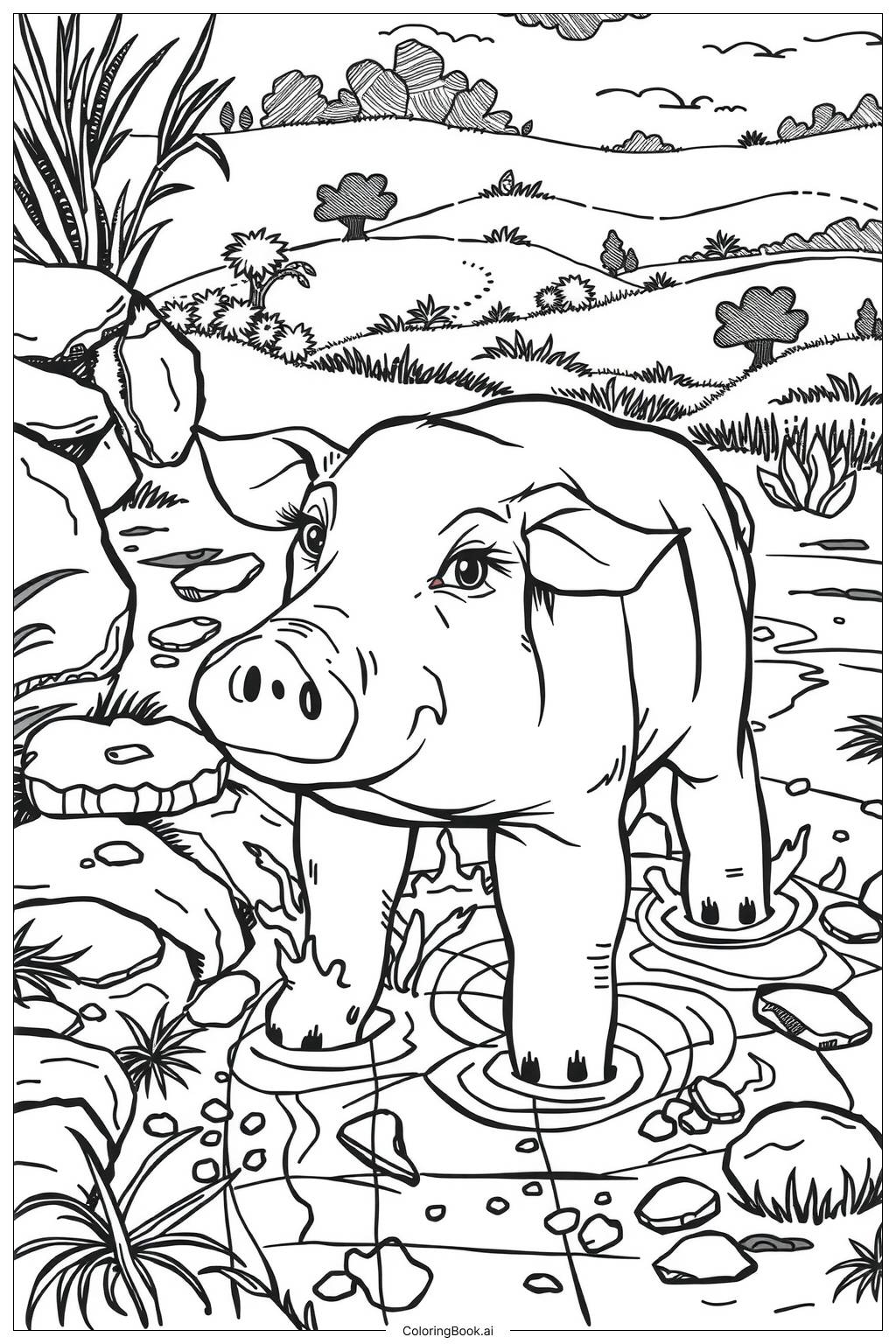  Page de coloriage Mignon Cochon Jouant dans des Flaques de Boue 