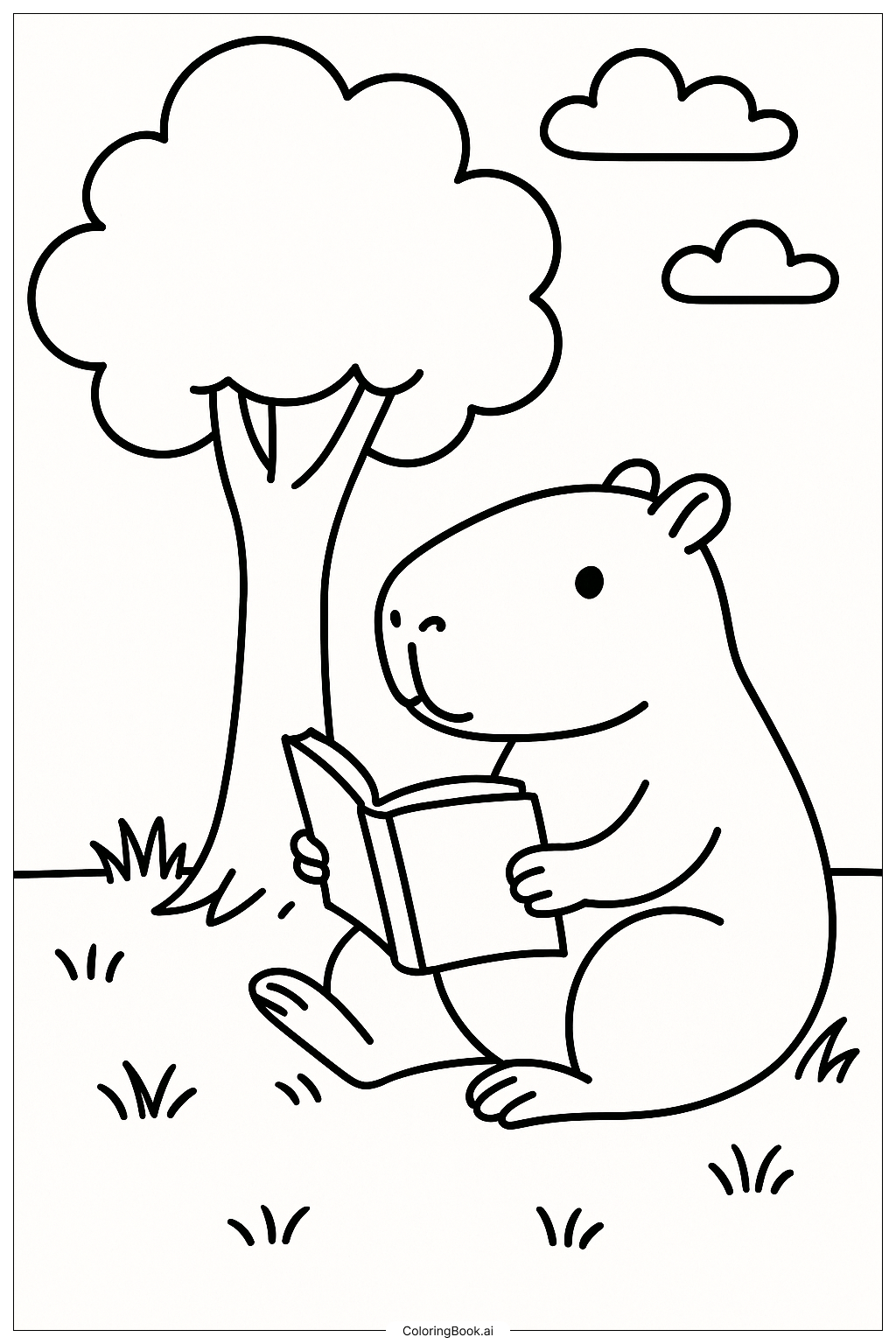  樹下看書的水豚著色頁 