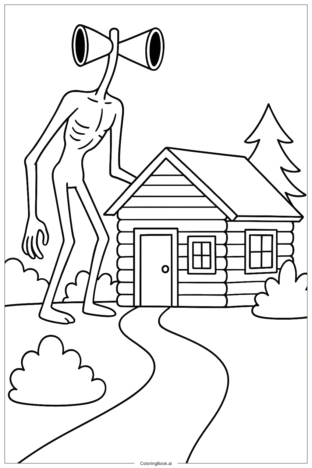 Page de coloriage Siren Head enquêtant sur une cabane 