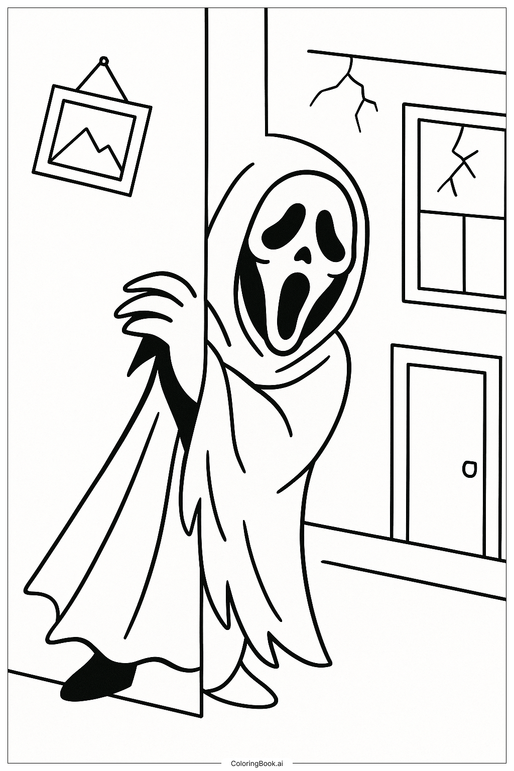  Página para colorear de Ghostface Acechando en la Esquina de un Edificio 