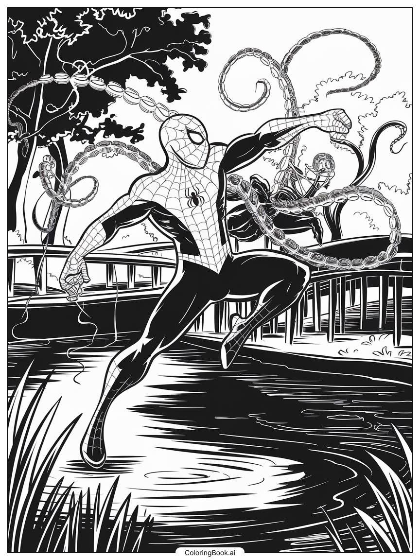 Spider-Man fighting Doctor Octopus by a pond