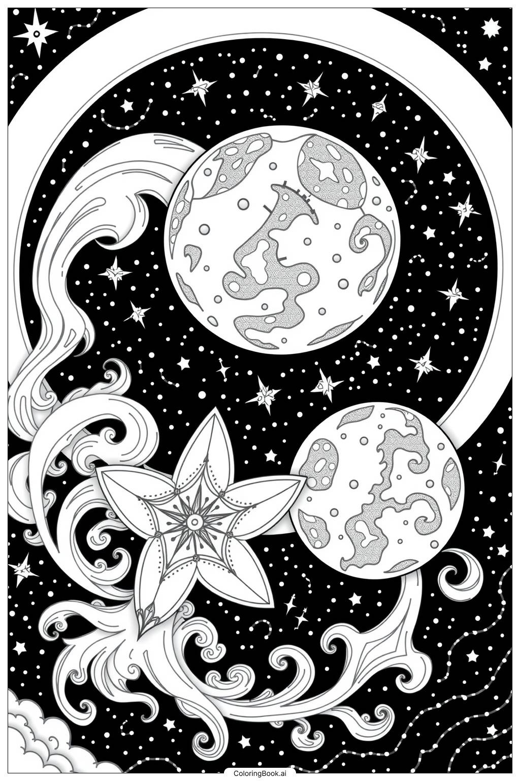  Cute Star Playing with the Moon Coloring Page 