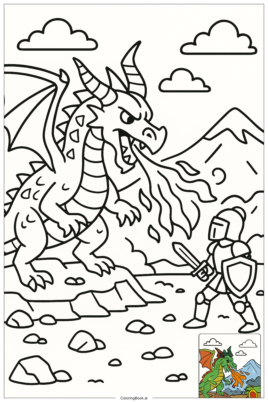  Dragon Breathing Fire At Knight Coloring Page 