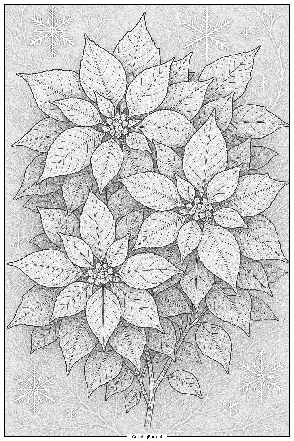 Realistic Poinsettia Cluster With Frost Coloring Page