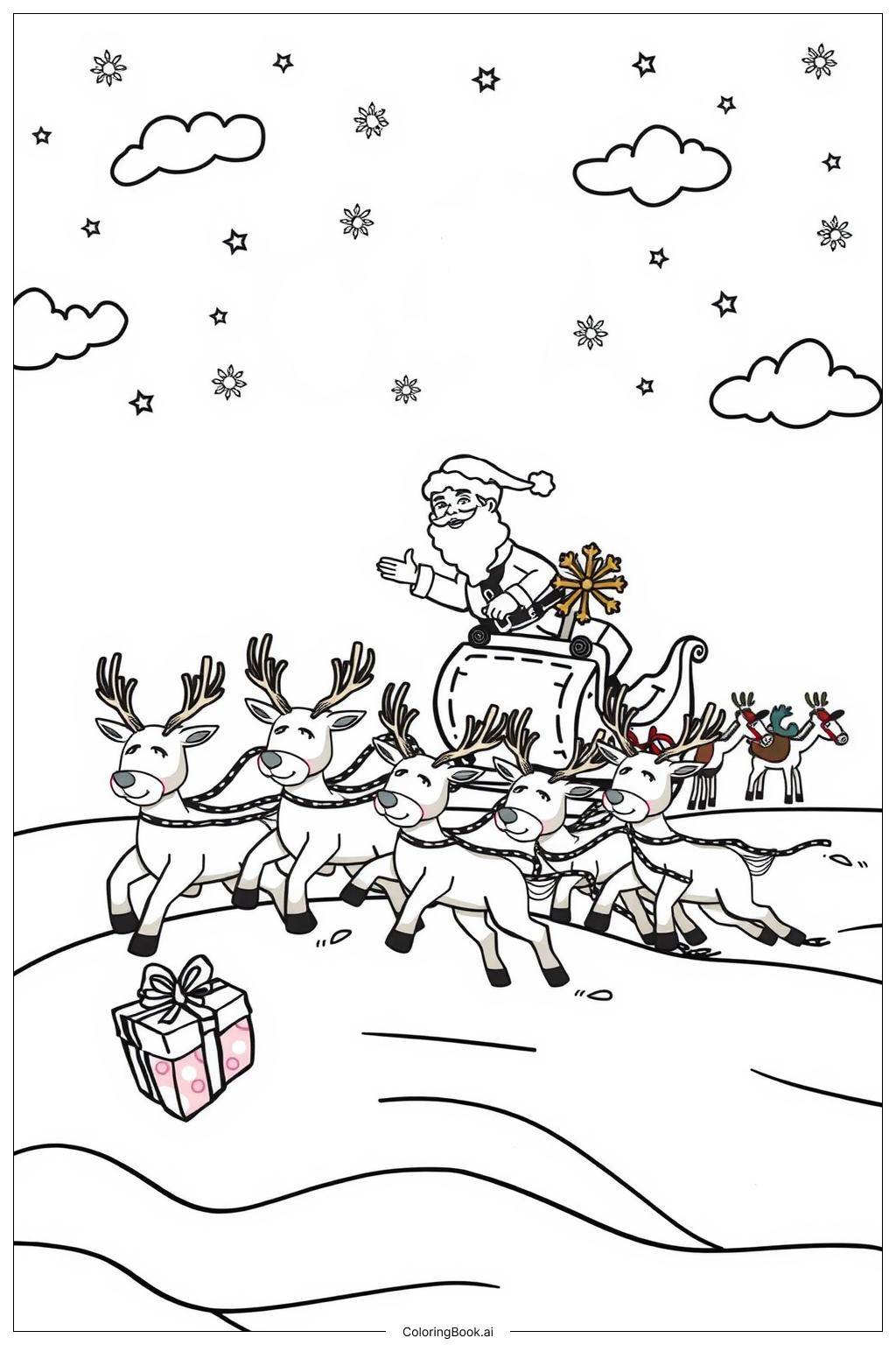  Page de coloriage traîneau du père Noël avec huit rennes 