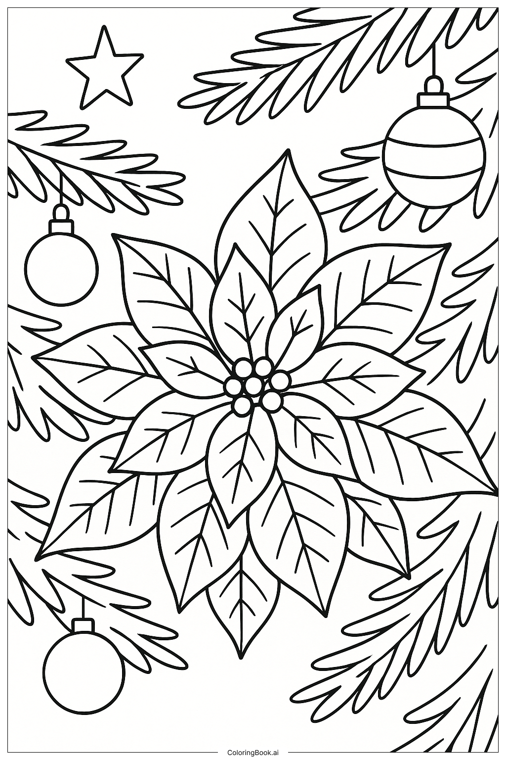 Poinsettia On A Christmas Tree Coloring Page
