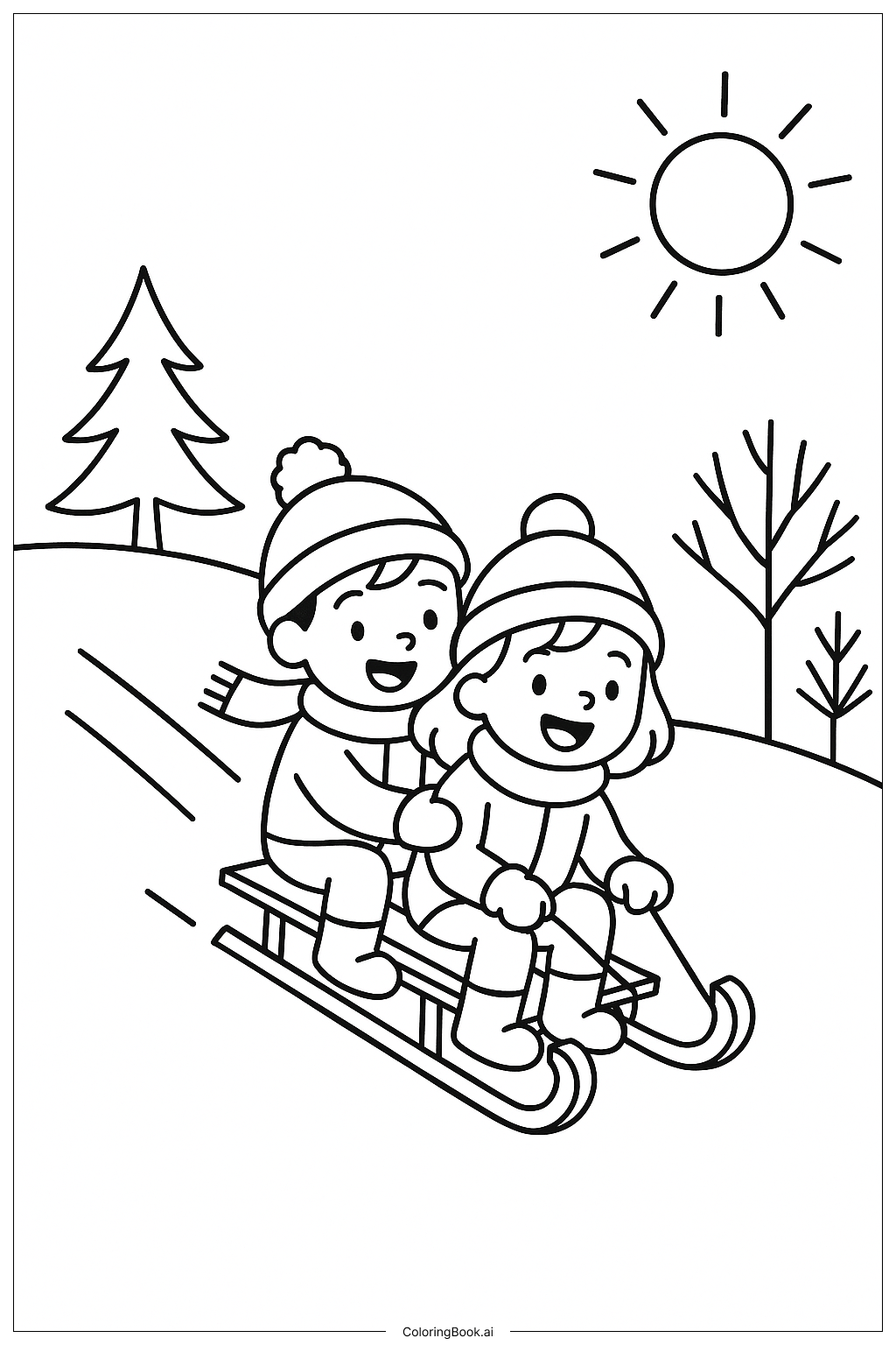  十二月孩子們滑雪橇著色頁 