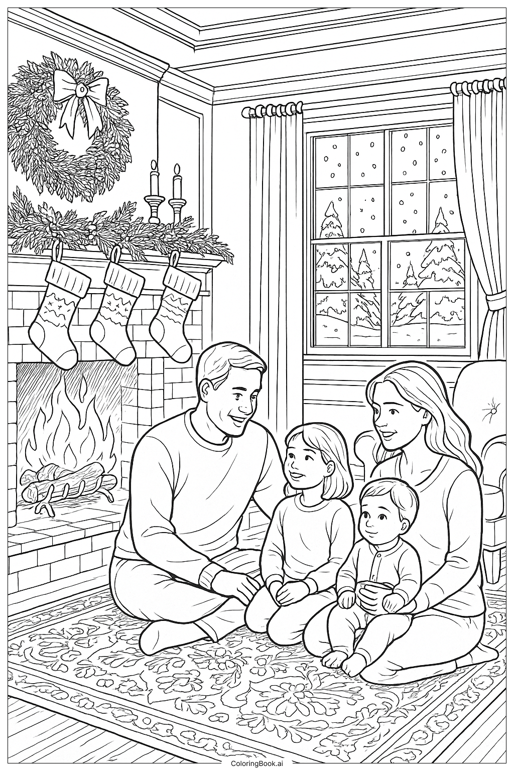 12월 난로 가족 장면 색칠공부 페이지
