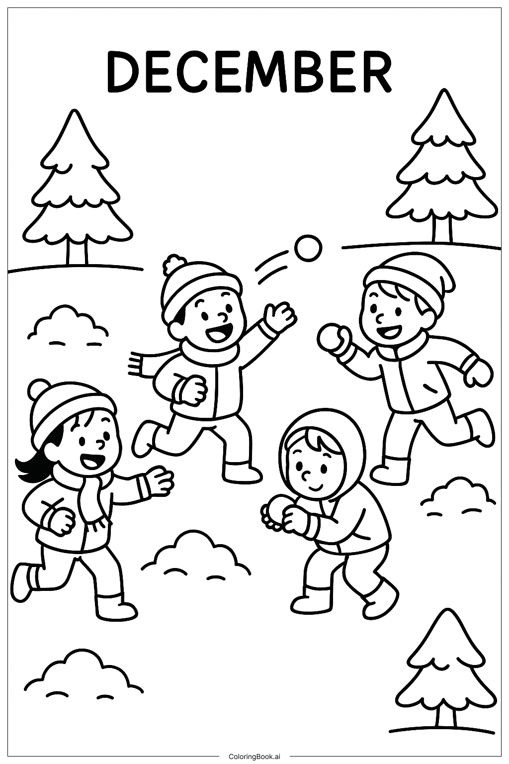  Dezember-Schneeballschlacht Ausmalseite 
