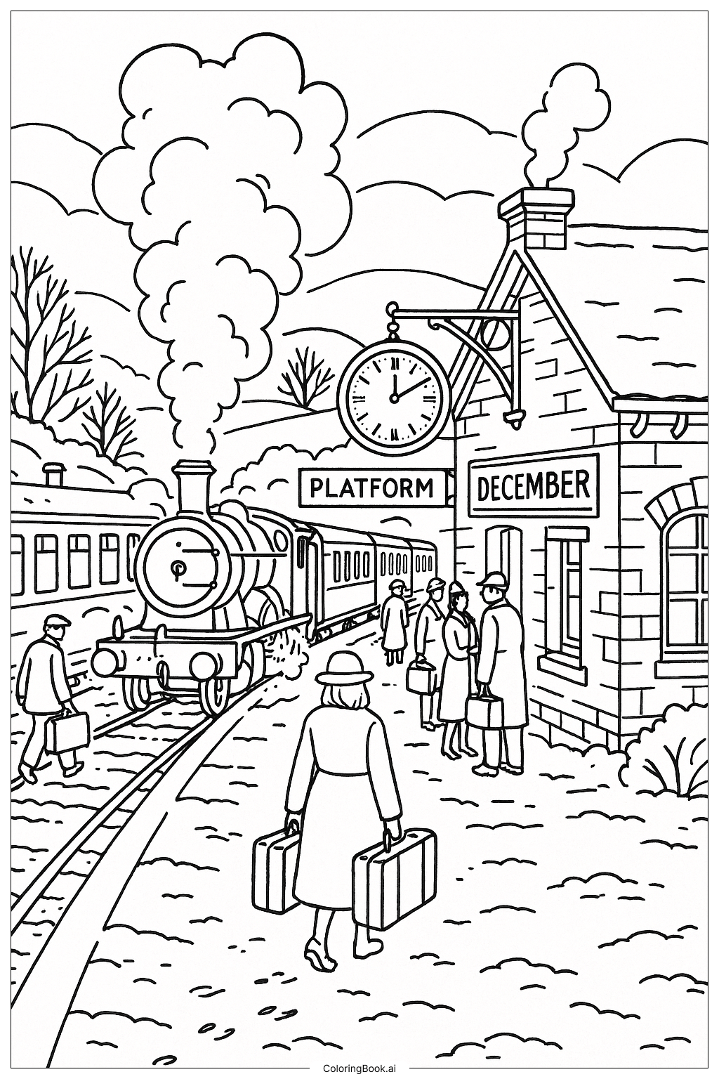 12월 눈 내리는 기차역 색칠공부 페이지