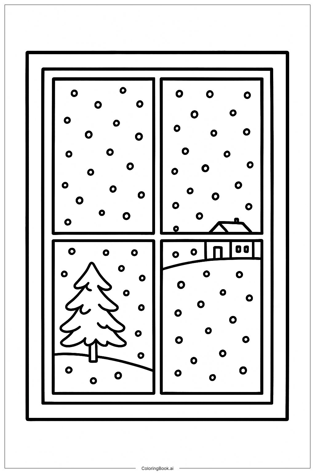  十二月雪景窗外風景著色頁 