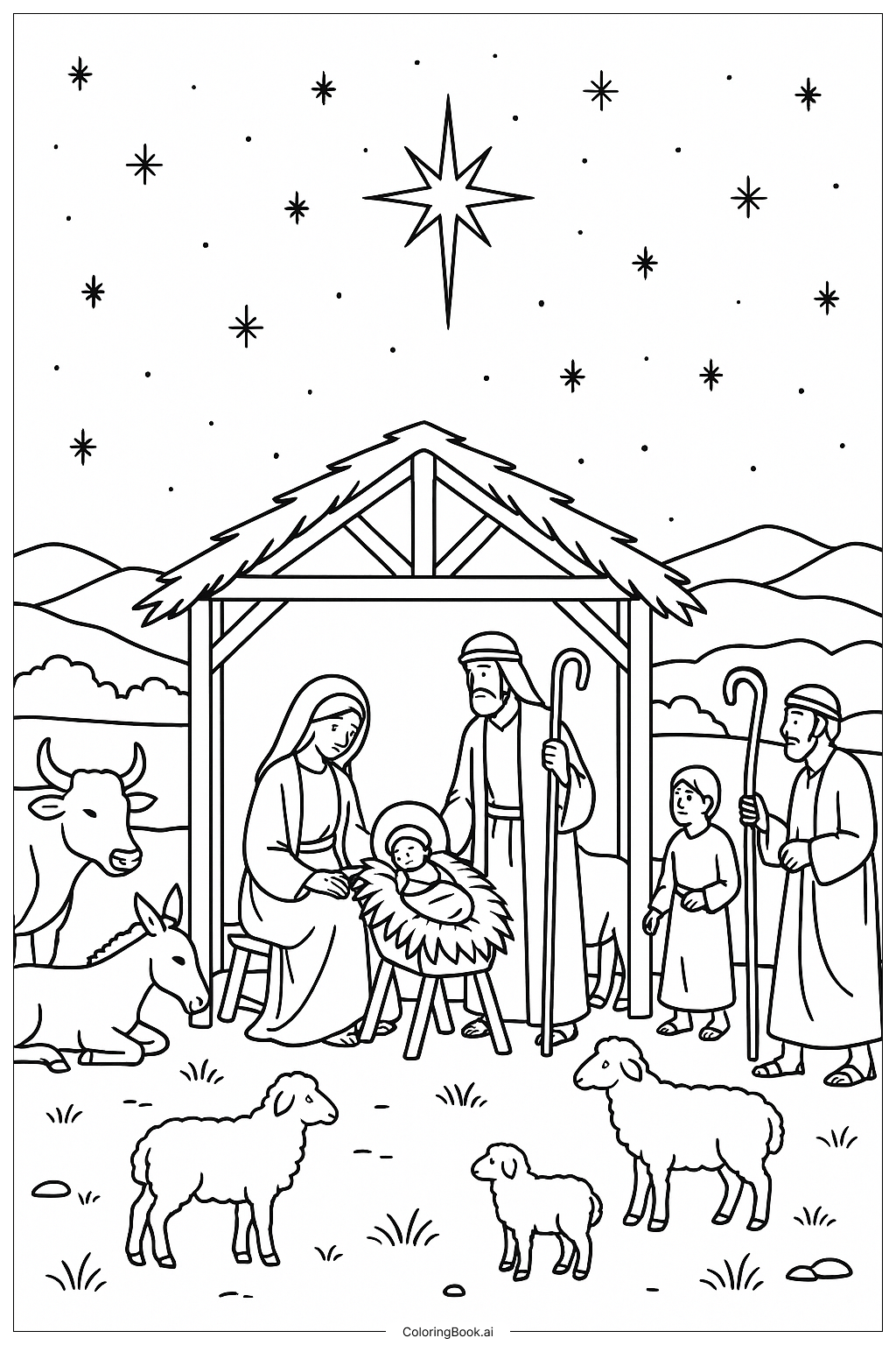 12월 별빛 밤의 예수 탄생 장면 색칠공부 페이지