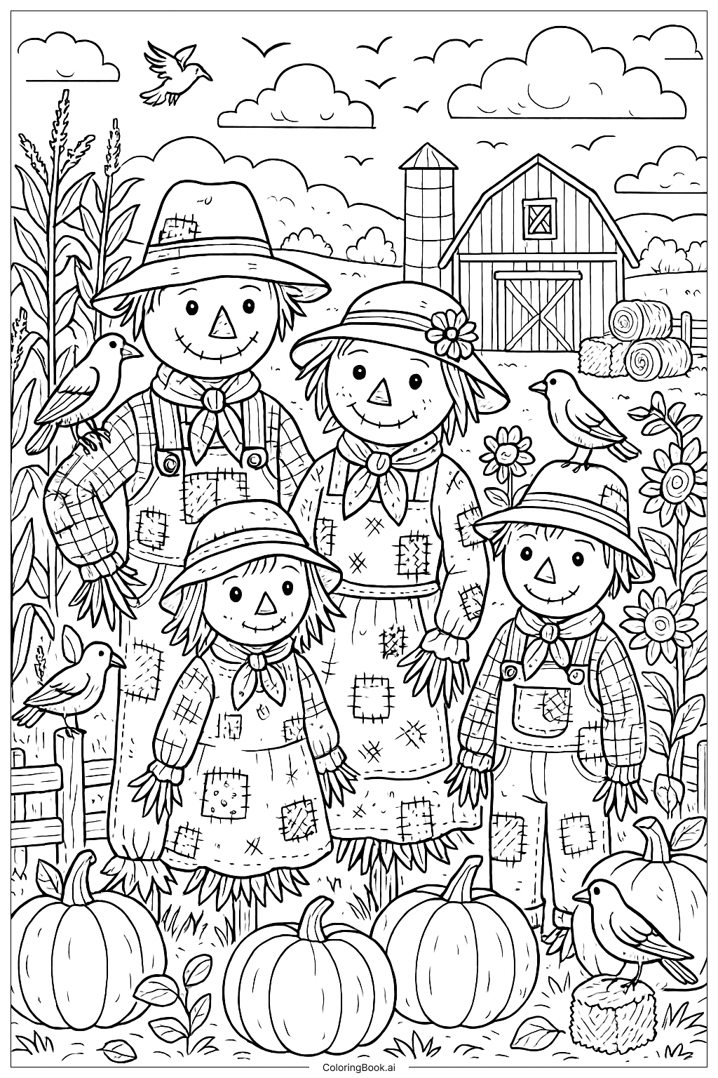 A Scarecrow Family With A Farm Background Coloring Page